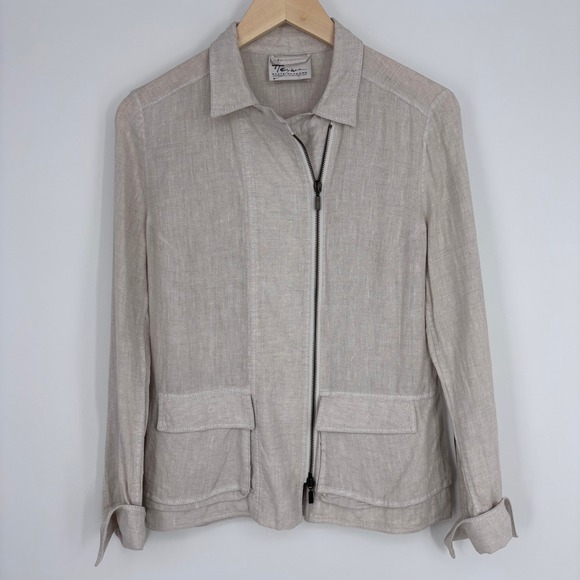 Beate Heymann Jackets & Blazers - Beate‎ Heymann Jacket Womens 10 Beige Linen Blend Asymmetric Zip Moto Lagenlook